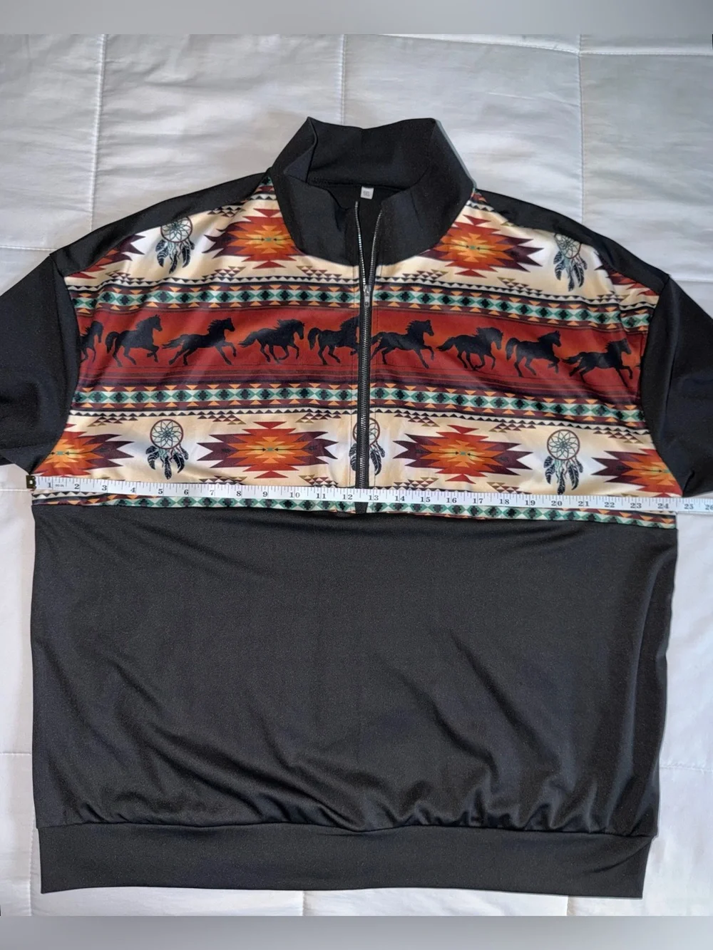 Women Western Pattern Black Quarter-Zip Pullover - 1X